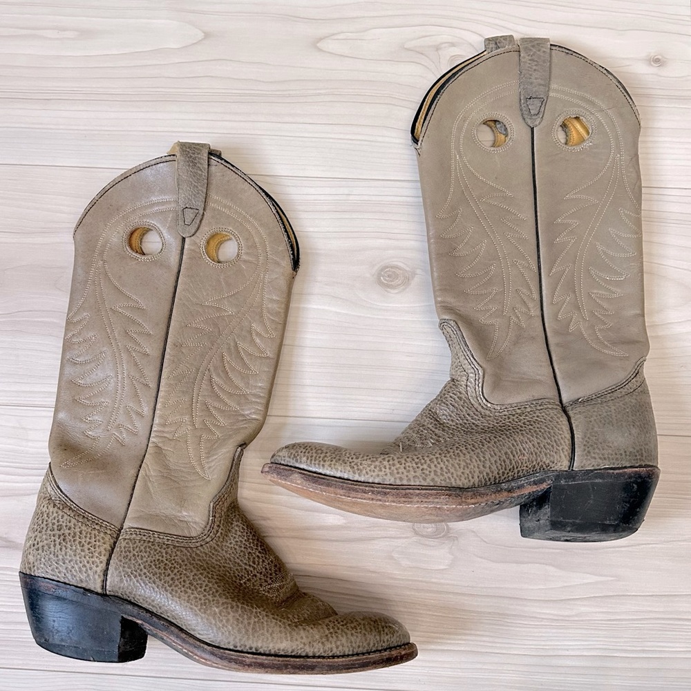 Vintage Cowgirl Leather Country Boots Grayish Green Size 7.5